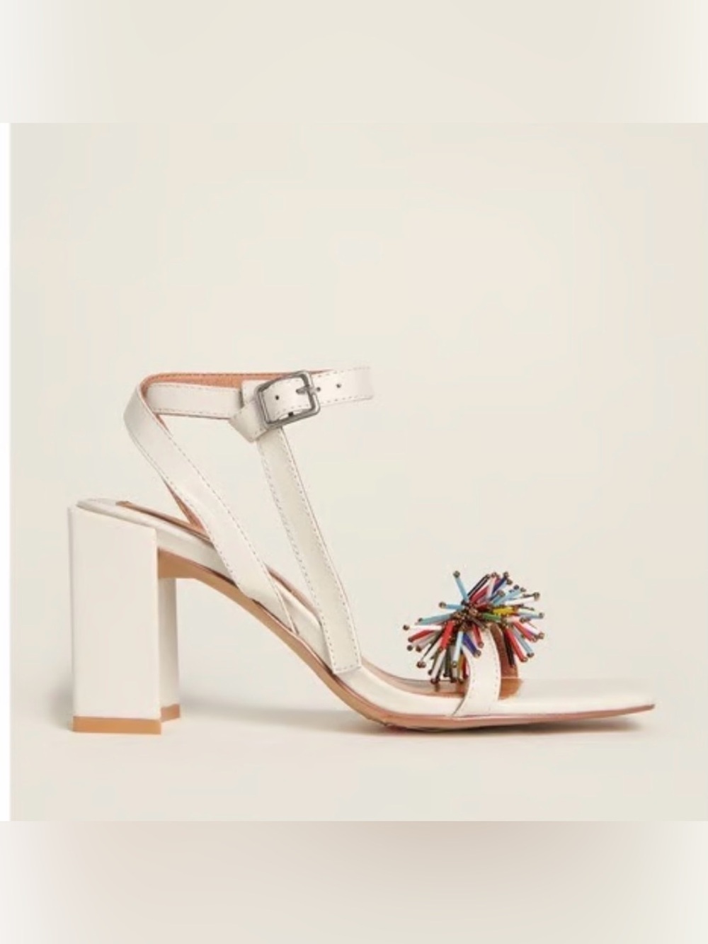 JAGGAR Ivory Leather Essential Beaded Squared Block Heel Sandal 37 Minimalist